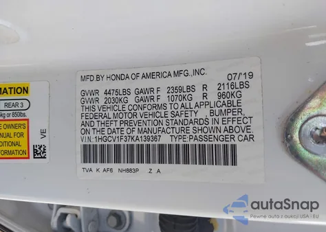 2019 Honda Accord Sport z USA, uszkodzony, nr VIN 1HGCV1F37KA139367